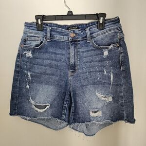 Ripped Denim Blue Shorts Bleach Splatter Print